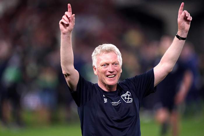 West Ham United manager David Moyes pictured celebrating after his team beat Fiorentina 2-1 to win the 2023 UEFA Europa League final